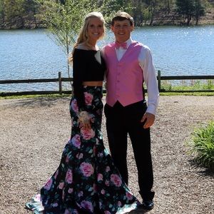 Sherri Hill prom dress, green pink and black